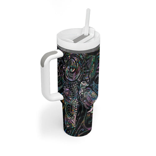 Aotearoa Moko Tribal Tattoo Tumbler With Handle New Zealand Maori Penguin and Fantail Paua Shell Style
