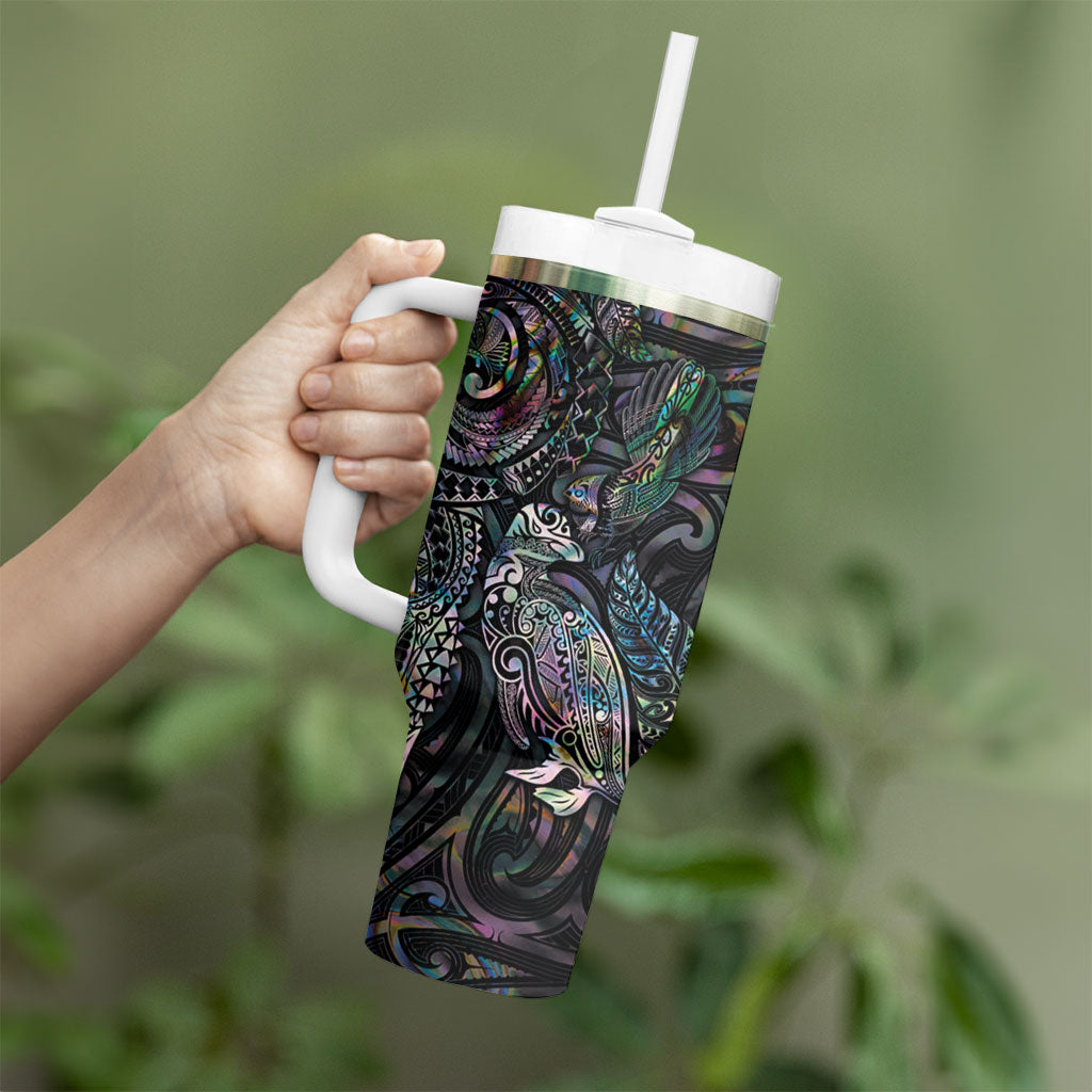 Aotearoa Moko Tribal Tattoo Tumbler With Handle New Zealand Maori Penguin and Fantail Paua Shell Style