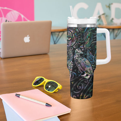 Aotearoa Moko Tribal Tattoo Tumbler With Handle New Zealand Maori Penguin and Fantail Paua Shell Style