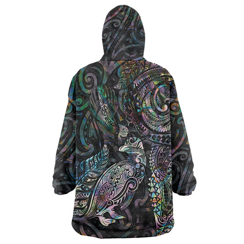 Aotearoa Moko Tribal Tattoo Wearable Blanket Hoodie New Zealand Maori Penguin and Fantail Paua Shell Style