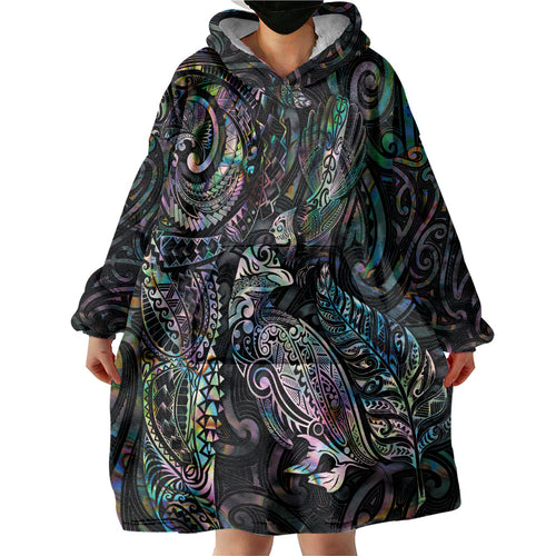 Aotearoa Moko Tribal Tattoo Wearable Blanket Hoodie New Zealand Maori Penguin and Fantail Paua Shell Style