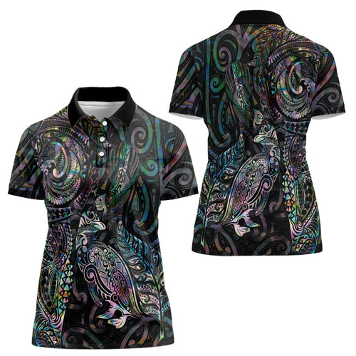 Aotearoa Moko Tribal Tattoo Women Polo Shirt New Zealand Maori Penguin and Fantail Paua Shell Style