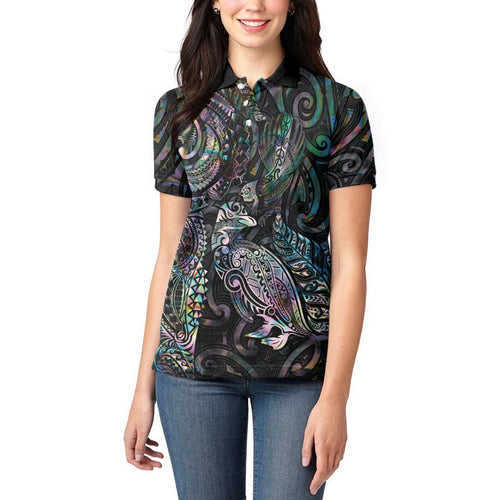 Aotearoa Moko Tribal Tattoo Women Polo Shirt New Zealand Maori Penguin and Fantail Paua Shell Style