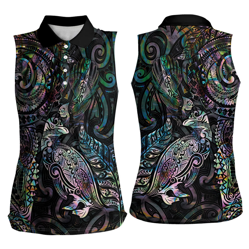 Aotearoa Moko Tribal Tattoo Women Sleeveless Polo Shirt New Zealand Maori Penguin and Fantail Paua Shell Style