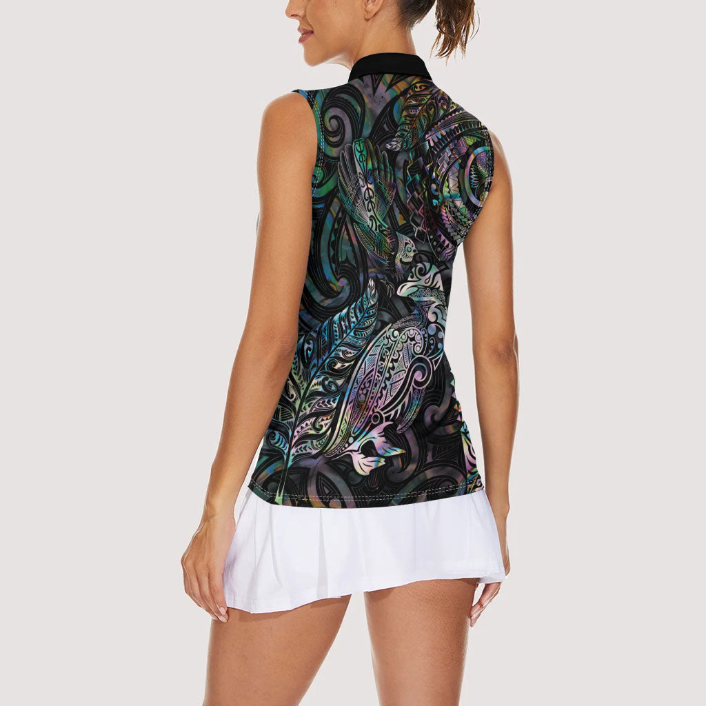 Aotearoa Moko Tribal Tattoo Women Sleeveless Polo Shirt New Zealand Maori Penguin and Fantail Paua Shell Style