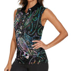 Aotearoa Moko Tribal Tattoo Women Sleeveless Polo Shirt New Zealand Maori Penguin and Fantail Paua Shell Style