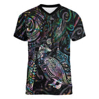 Aotearoa Moko Tribal Tattoo Women V-Neck T-Shirt New Zealand Maori Penguin and Fantail Paua Shell Style