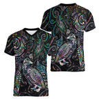 Aotearoa Moko Tribal Tattoo Women V-Neck T-Shirt New Zealand Maori Penguin and Fantail Paua Shell Style