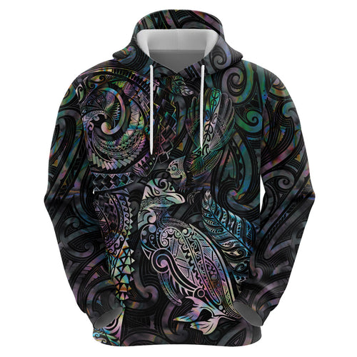 Aotearoa Moko Tribal Tattoo Zip Hoodie New Zealand Maori Penguin and Fantail Paua Shell Style