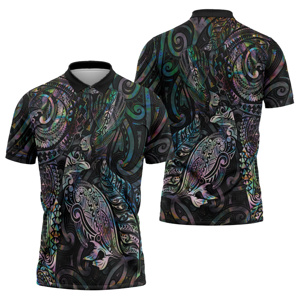 Aotearoa Moko Tribal Tattoo Zipper Polo Shirt New Zealand Maori Penguin and Fantail Paua Shell Style