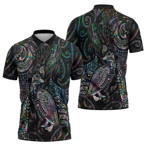 Aotearoa Moko Tribal Tattoo Zipper Polo Shirt New Zealand Maori Penguin and Fantail Paua Shell Style
