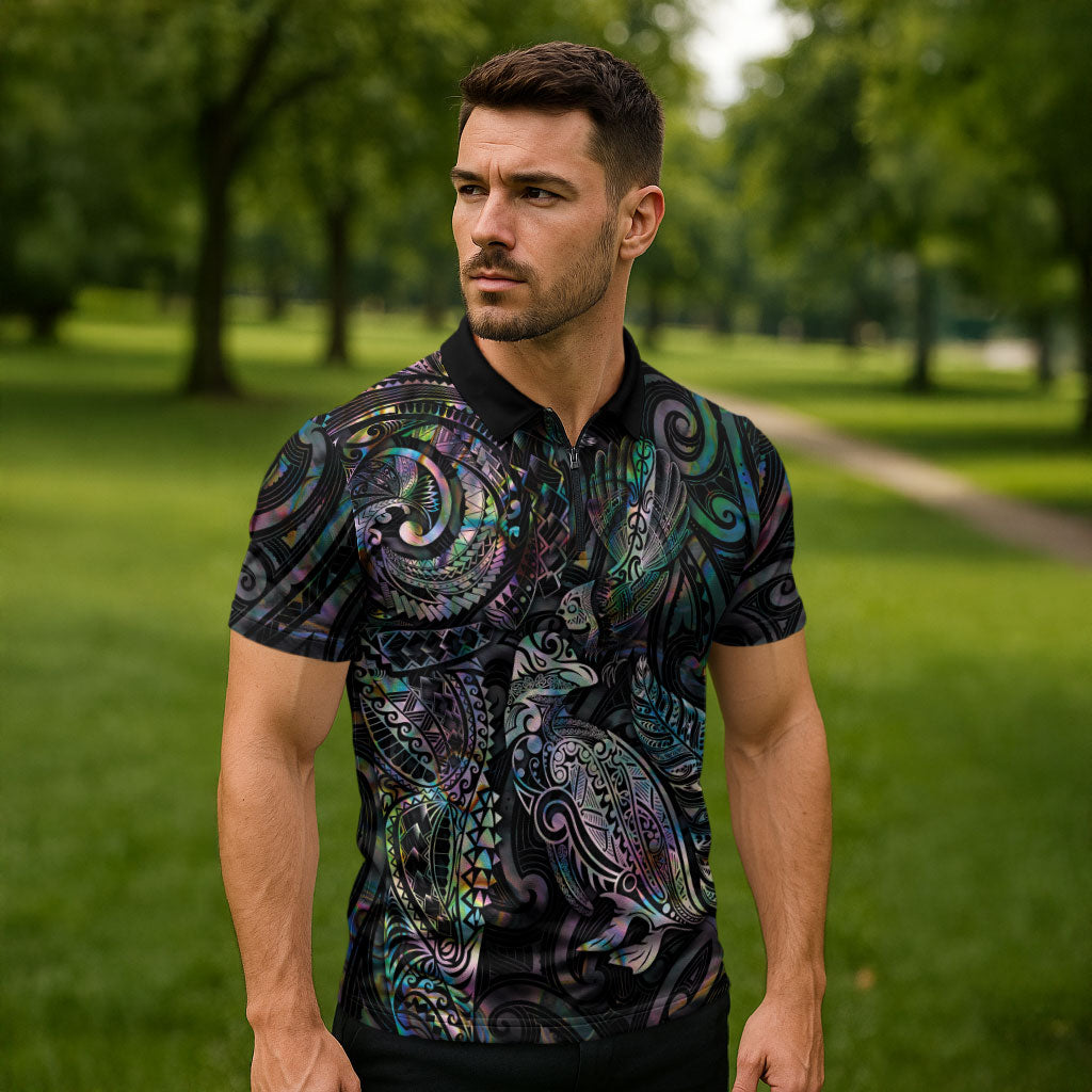 Aotearoa Moko Tribal Tattoo Zipper Polo Shirt New Zealand Maori Penguin and Fantail Paua Shell Style