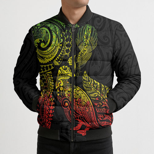 Aotearoa Moko Tribal Tattoo Bomber Puffer Jacket New Zealand Maori Penguin and Fantail Reggae Style