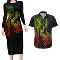 Aotearoa Moko Tribal Tattoo Couples Matching Long Sleeve Bodycon Dress and Hawaiian Shirt New Zealand Maori Penguin and Fantail Reggae Style