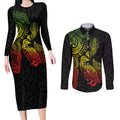 Aotearoa Moko Tribal Tattoo Couples Matching Long Sleeve Bodycon Dress and Long Sleeve Button Shirt New Zealand Maori Penguin and Fantail Reggae Style