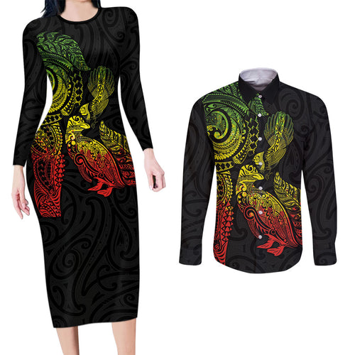 Aotearoa Moko Tribal Tattoo Couples Matching Long Sleeve Bodycon Dress and Long Sleeve Button Shirt New Zealand Maori Penguin and Fantail Reggae Style