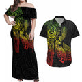 Aotearoa Moko Tribal Tattoo Couples Matching Off Shoulder Maxi Dress and Hawaiian Shirt New Zealand Maori Penguin and Fantail Reggae Style