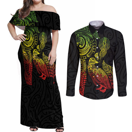 Aotearoa Moko Tribal Tattoo Couples Matching Off Shoulder Maxi Dress and Long Sleeve Button Shirt New Zealand Maori Penguin and Fantail Reggae Style