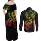 Aotearoa Moko Tribal Tattoo Couples Matching Off Shoulder Maxi Dress and Long Sleeve Button Shirt New Zealand Maori Penguin and Fantail Reggae Style