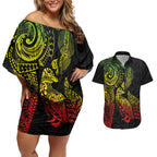Aotearoa Moko Tribal Tattoo Couples Matching Off Shoulder Short Dress and Hawaiian Shirt New Zealand Maori Penguin and Fantail Reggae Style