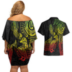Aotearoa Moko Tribal Tattoo Couples Matching Off Shoulder Short Dress and Hawaiian Shirt New Zealand Maori Penguin and Fantail Reggae Style