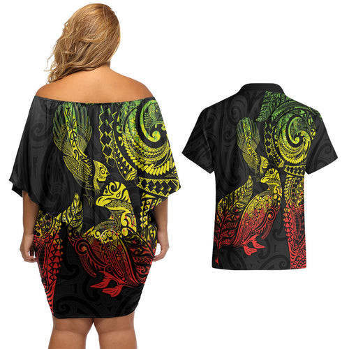 Aotearoa Moko Tribal Tattoo Couples Matching Off Shoulder Short Dress and Hawaiian Shirt New Zealand Maori Penguin and Fantail Reggae Style