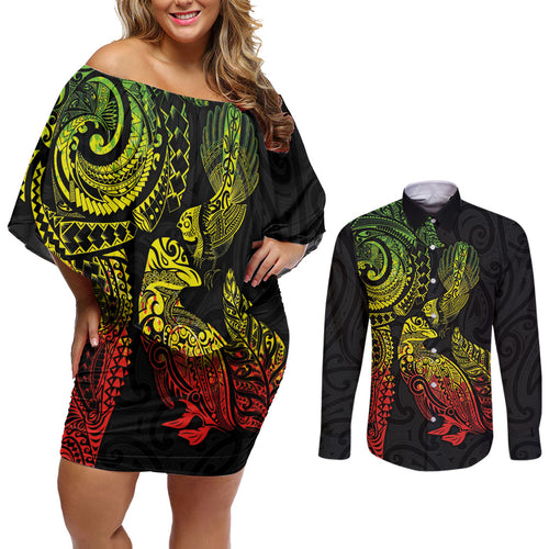 Aotearoa Moko Tribal Tattoo Couples Matching Off Shoulder Short Dress and Long Sleeve Button Shirt New Zealand Maori Penguin and Fantail Reggae Style