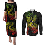 Aotearoa Moko Tribal Tattoo Couples Matching Puletasi and Long Sleeve Button Shirt New Zealand Maori Penguin and Fantail Reggae Style