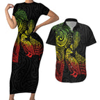 Aotearoa Moko Tribal Tattoo Couples Matching Short Sleeve Bodycon Dress and Hawaiian Shirt New Zealand Maori Penguin and Fantail Reggae Style