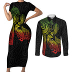 Aotearoa Moko Tribal Tattoo Couples Matching Short Sleeve Bodycon Dress and Long Sleeve Button Shirt New Zealand Maori Penguin and Fantail Reggae Style