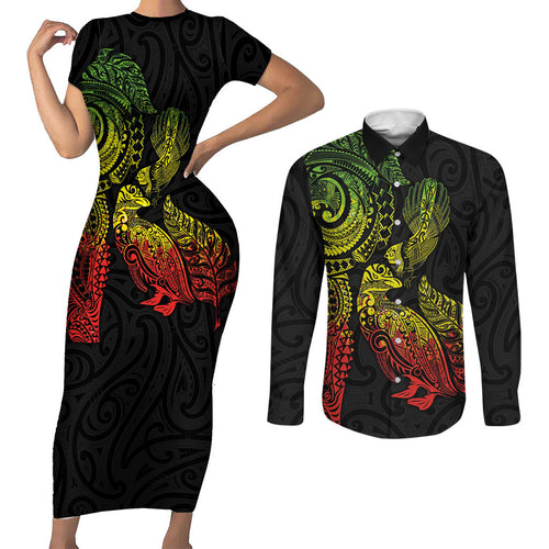 Aotearoa Moko Tribal Tattoo Couples Matching Short Sleeve Bodycon Dress and Long Sleeve Button Shirt New Zealand Maori Penguin and Fantail Reggae Style