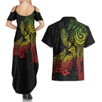 Aotearoa Moko Tribal Tattoo Couples Matching Summer Maxi Dress and Hawaiian Shirt New Zealand Maori Penguin and Fantail Reggae Style