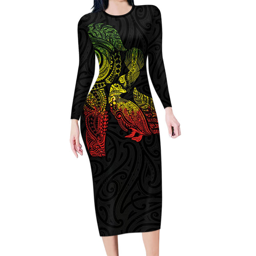 Aotearoa Moko Tribal Tattoo Family Matching Long Sleeve Bodycon Dress and Hawaiian Shirt New Zealand Maori Penguin and Fantail Reggae Style