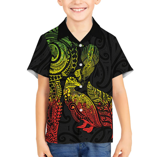 Aotearoa Moko Tribal Tattoo Family Matching Long Sleeve Bodycon Dress and Hawaiian Shirt New Zealand Maori Penguin and Fantail Reggae Style