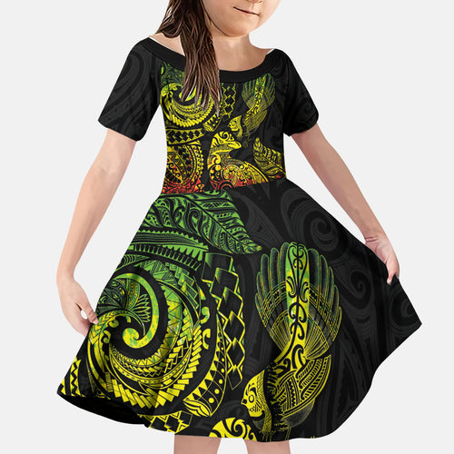 Aotearoa Moko Tribal Tattoo Family Matching Off Shoulder Maxi Dress and Hawaiian Shirt New Zealand Maori Penguin and Fantail Reggae Style