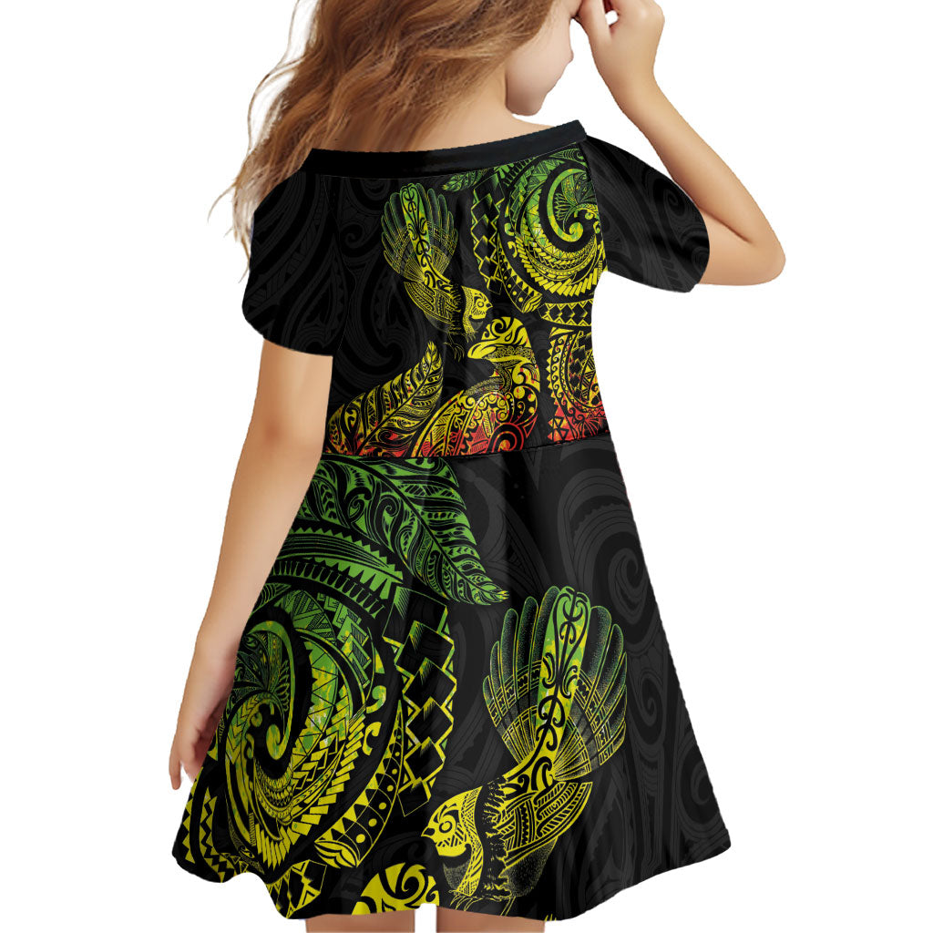 Aotearoa Moko Tribal Tattoo Family Matching Off Shoulder Maxi Dress and Hawaiian Shirt New Zealand Maori Penguin and Fantail Reggae Style