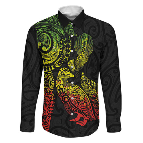 Aotearoa Moko Tribal Tattoo Family Matching Off Shoulder Maxi Dress and Hawaiian Shirt New Zealand Maori Penguin and Fantail Reggae Style