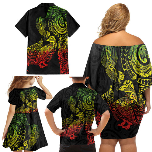 Aotearoa Moko Tribal Tattoo Family Matching Off Shoulder Short Dress and Hawaiian Shirt New Zealand Maori Penguin and Fantail Reggae Style