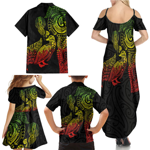 Aotearoa Moko Tribal Tattoo Family Matching Summer Maxi Dress and Hawaiian Shirt New Zealand Maori Penguin and Fantail Reggae Style