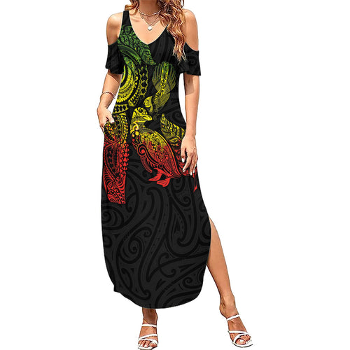 Aotearoa Moko Tribal Tattoo Family Matching Summer Maxi Dress and Hawaiian Shirt New Zealand Maori Penguin and Fantail Reggae Style