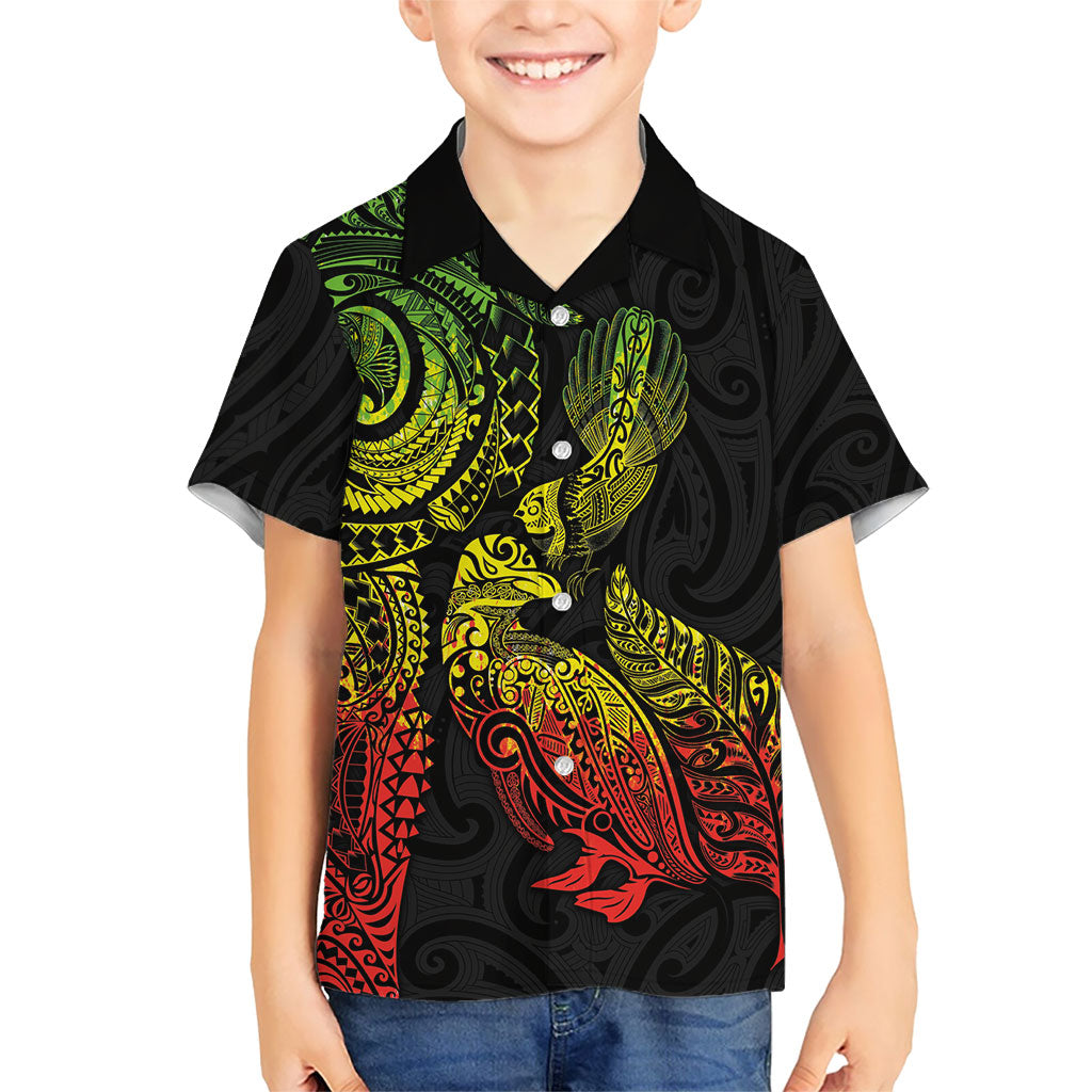 Aotearoa Moko Tribal Tattoo Kid Hawaiian Shirt New Zealand Maori Penguin and Fantail Reggae Style