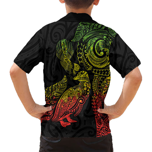 Aotearoa Moko Tribal Tattoo Kid Hawaiian Shirt New Zealand Maori Penguin and Fantail Reggae Style