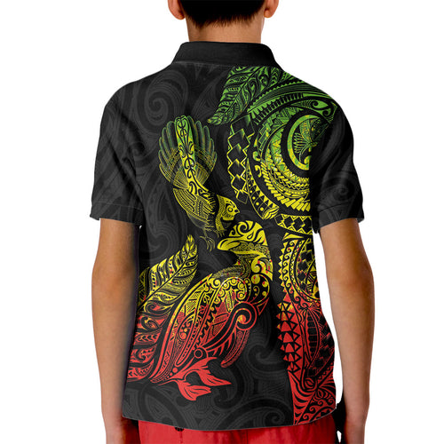Aotearoa Moko Tribal Tattoo Kid Polo Shirt New Zealand Maori Penguin and Fantail Reggae Style