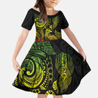 Aotearoa Moko Tribal Tattoo Kid Short Sleeve Dress New Zealand Maori Penguin and Fantail Reggae Style