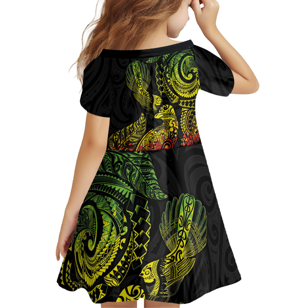 Aotearoa Moko Tribal Tattoo Kid Short Sleeve Dress New Zealand Maori Penguin and Fantail Reggae Style
