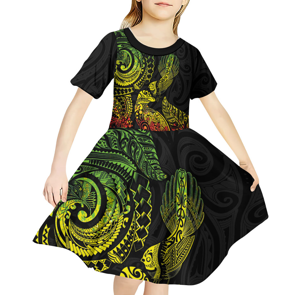 Aotearoa Moko Tribal Tattoo Kid Short Sleeve Dress New Zealand Maori Penguin and Fantail Reggae Style
