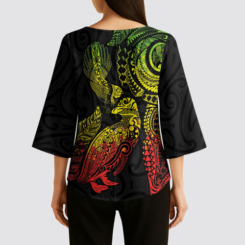 Aotearoa Moko Tribal Tattoo Kimono Sleeve Blouse New Zealand Maori Penguin and Fantail Reggae Style