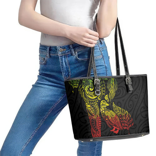 Aotearoa Moko Tribal Tattoo Leather Tote Bag New Zealand Maori Penguin and Fantail Reggae Style