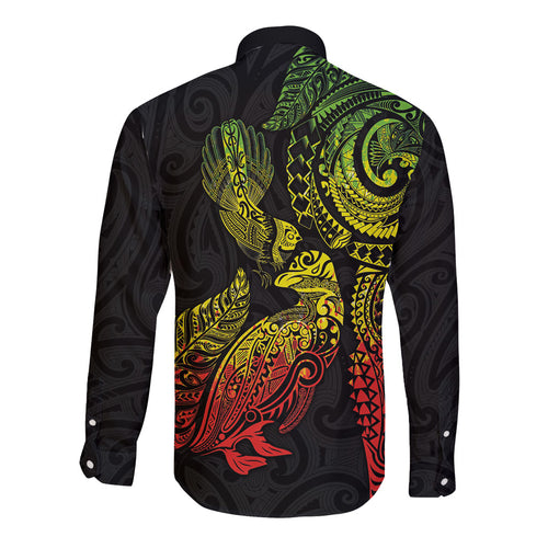 Aotearoa Moko Tribal Tattoo Long Sleeve Button Shirt New Zealand Maori Penguin and Fantail Reggae Style