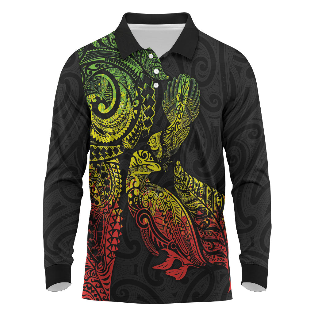 Aotearoa Moko Tribal Tattoo Long Sleeve Polo Shirt New Zealand Maori Penguin and Fantail Reggae Style